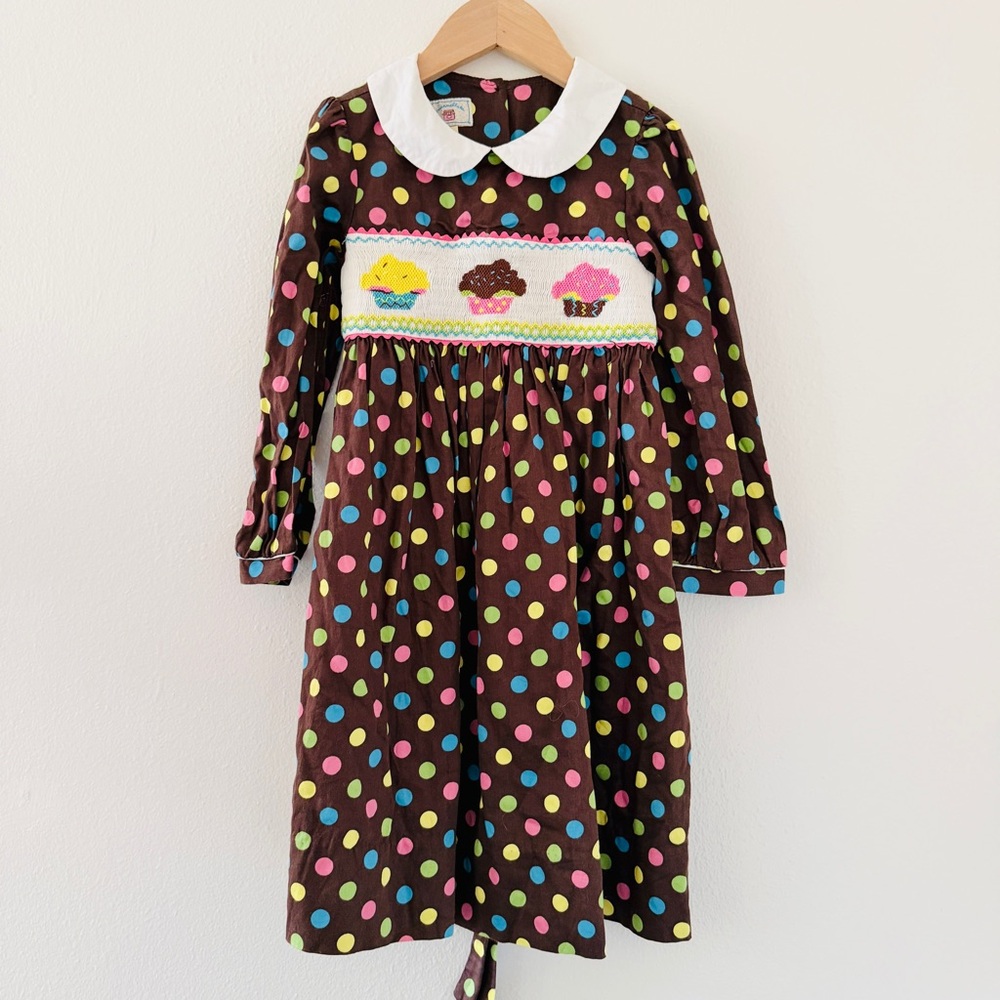 Marmellata Smocked Cupcake Brown Polka Dot Dress